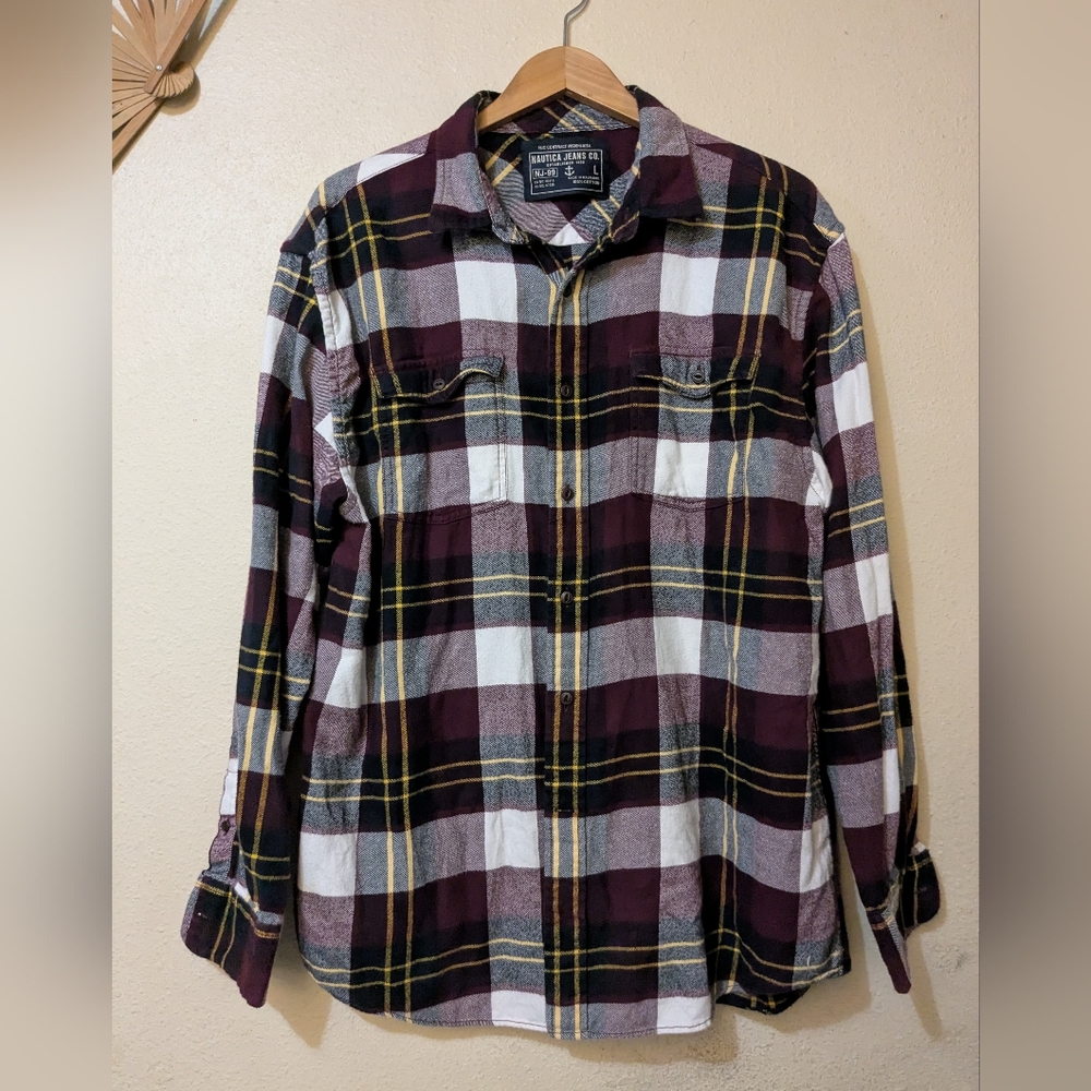 Nautica Jeans CoO Men's Checkered Shirt - Burgundy, White, and Yellow